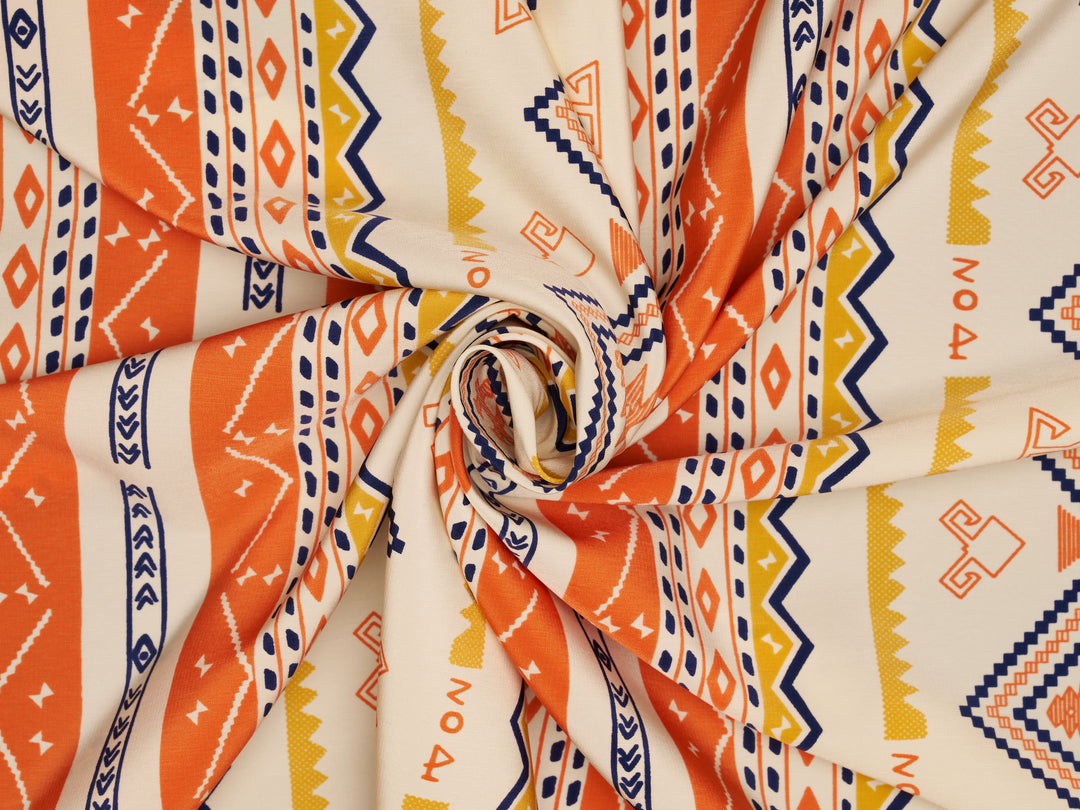 ORANGE MUSTARD BLACK WHITE AZTEC TRIBAL FABRIC PATTERN PEACHSKIN FABRIC