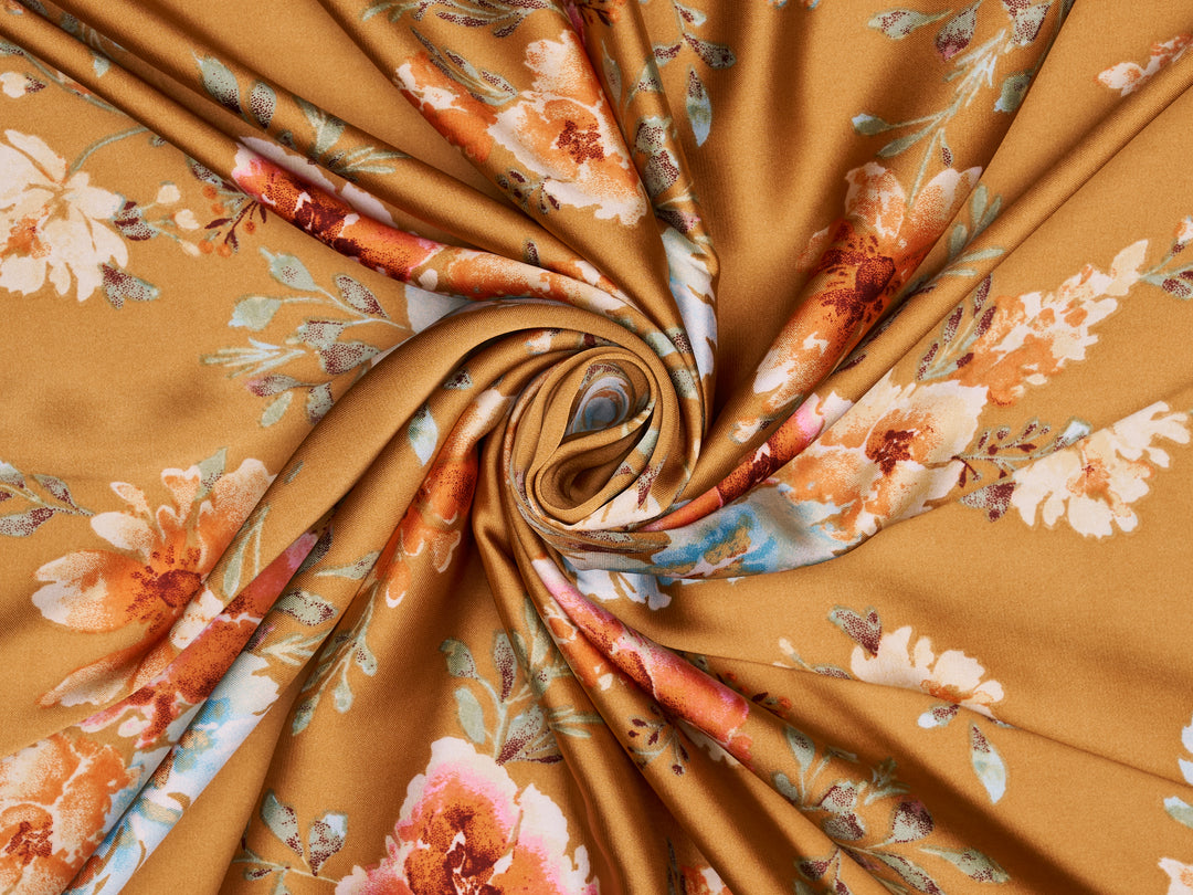 Orange teal aqua flower bunches on mustard background satin lightweight fabric