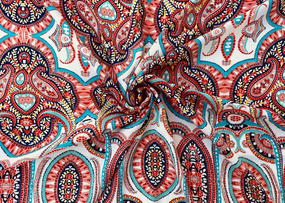 Orange red teal paisley print bohemian fabric pattern wooldobby 