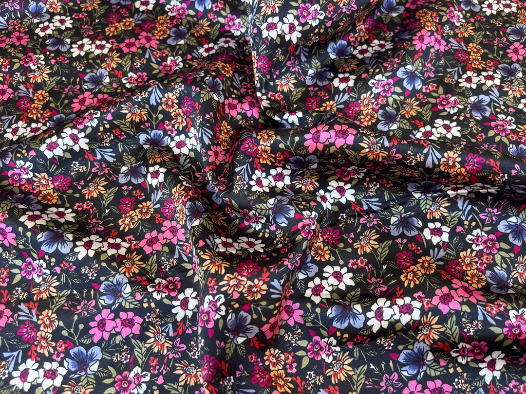 Small dainty red, pink white flowers on black background satin print