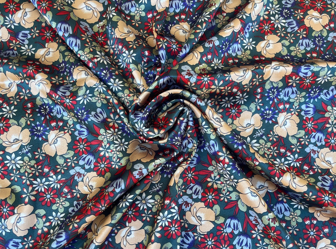 Green with yellow ivory, red and blue flowers satin pint