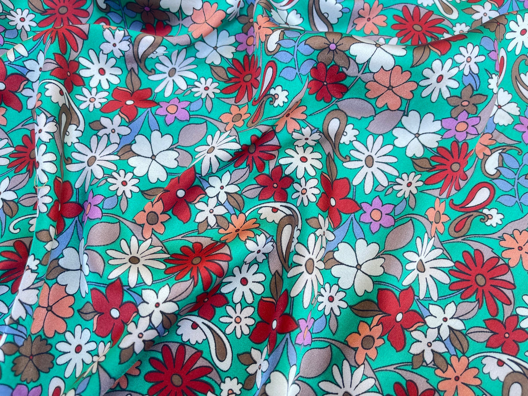 TEAL AQUA PAISLEY WITH RED AND WHITE SMALL DAINTY FLOWERS SATIN PRINT