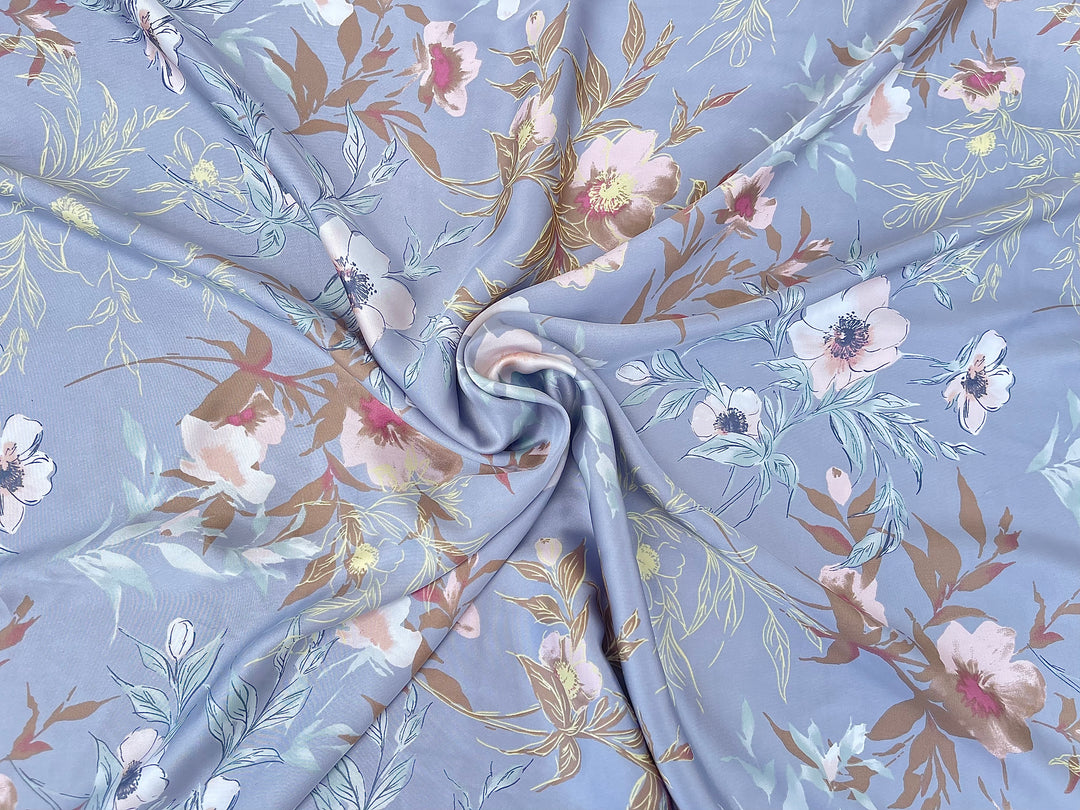 Light blue gray satin with brown and pink flowers floral print