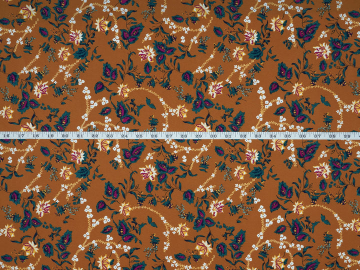 Peachskin  fabric by the yard -  Ochre burgundy  vintage floral print