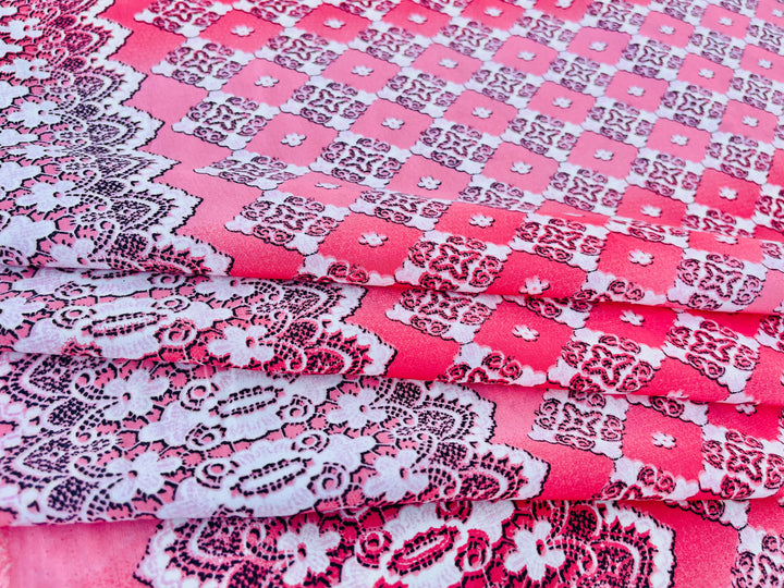 Peachskin  fabric by the yard - Pink off white  motif tribal aztec