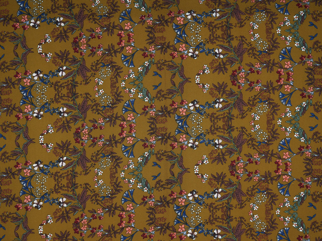 Woolpeach Floral fabric by the yard - Ochre mustard blue white wildflowers - dainty floral