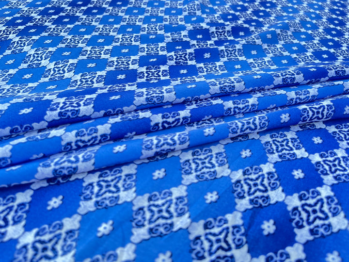 Peachskin  fabric by the yard - white blue motif tribal aztec