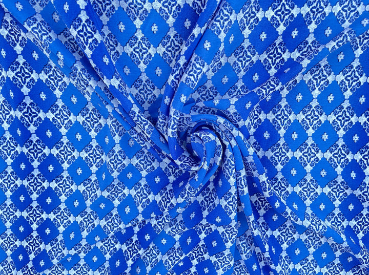 Peachskin  fabric by the yard - white blue motif tribal aztec