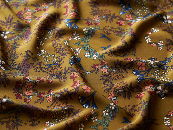 Woolpeach Floral fabric by the yard - Ochre mustard blue white wildflowers - dainty floral