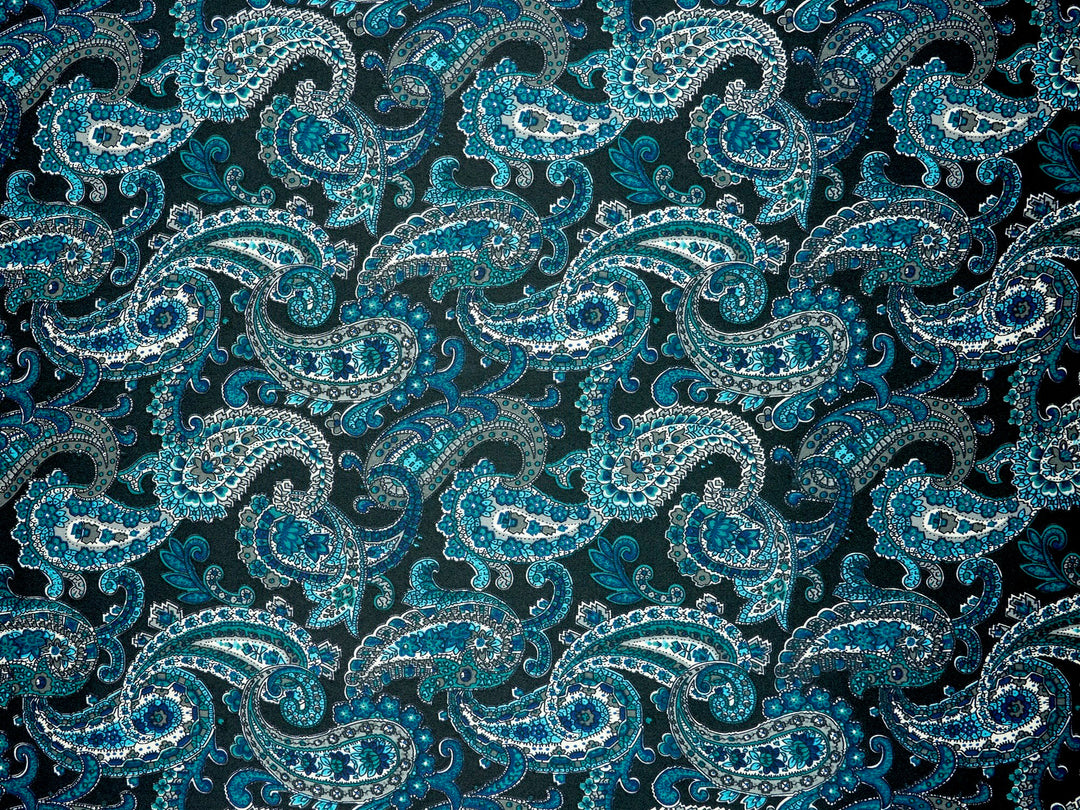 Paisley charmeuse satin fabric by the yard - Black teal Turquoise and gray  tones