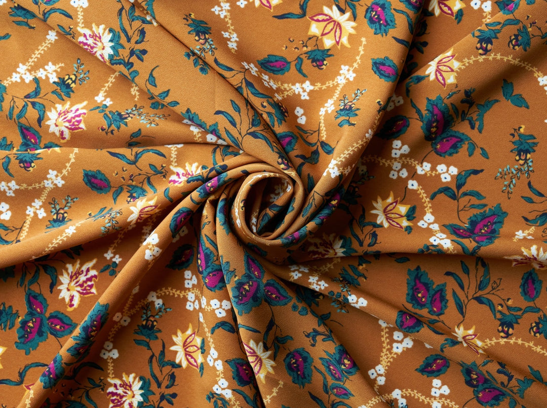 Peachskin  fabric by the yard -  Ochre burgundy  vintage floral print