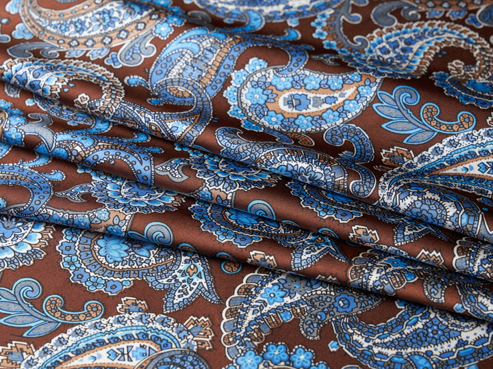 Paisley charmeuse satin fabric by the yard - Brown blue and ivory tones