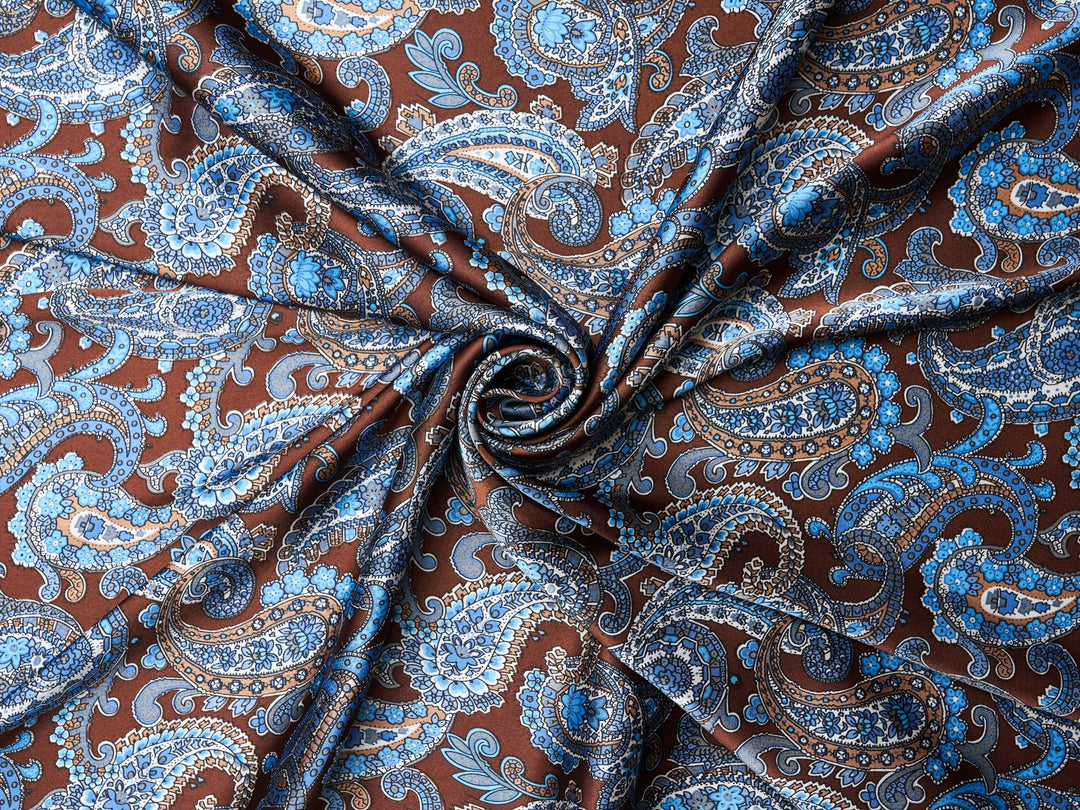 Paisley charmeuse satin fabric by the yard - Brown blue and ivory tones