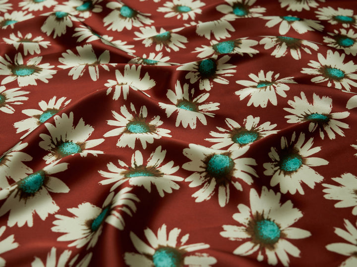 Charmeuse satin fabric by the yard -  Burgundy Daisy floral print