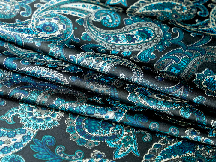 Paisley charmeuse satin fabric by the yard - Black teal Turquoise and gray  tones