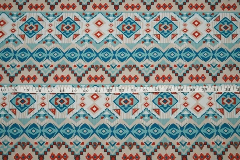 Peachskin stretch fabric by the yard - orange and blue tribal aztec
