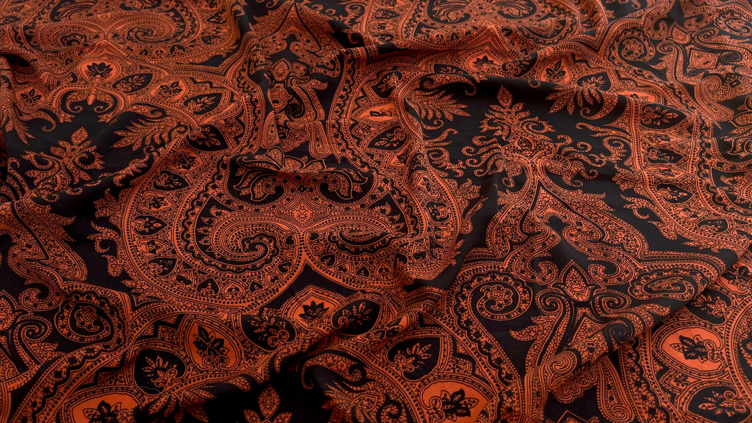 Woolpeach  fabric by the yard - Black orange damask paisley