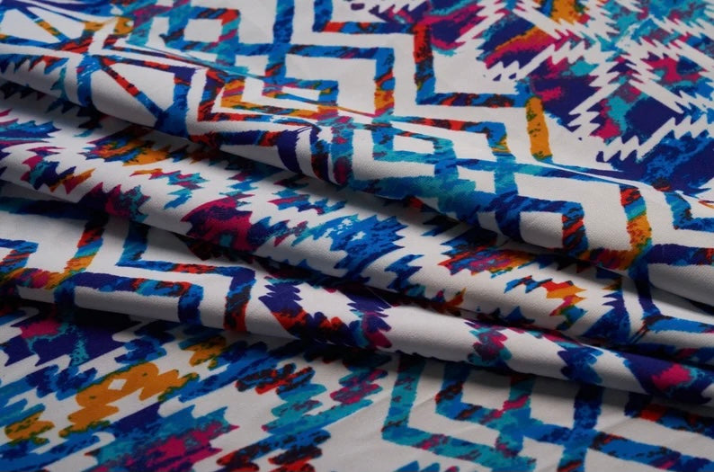 Peachskin  fabric by the yard -Blue red orange aztec tribal