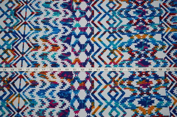 Peachskin  fabric by the yard -Blue red orange aztec tribal