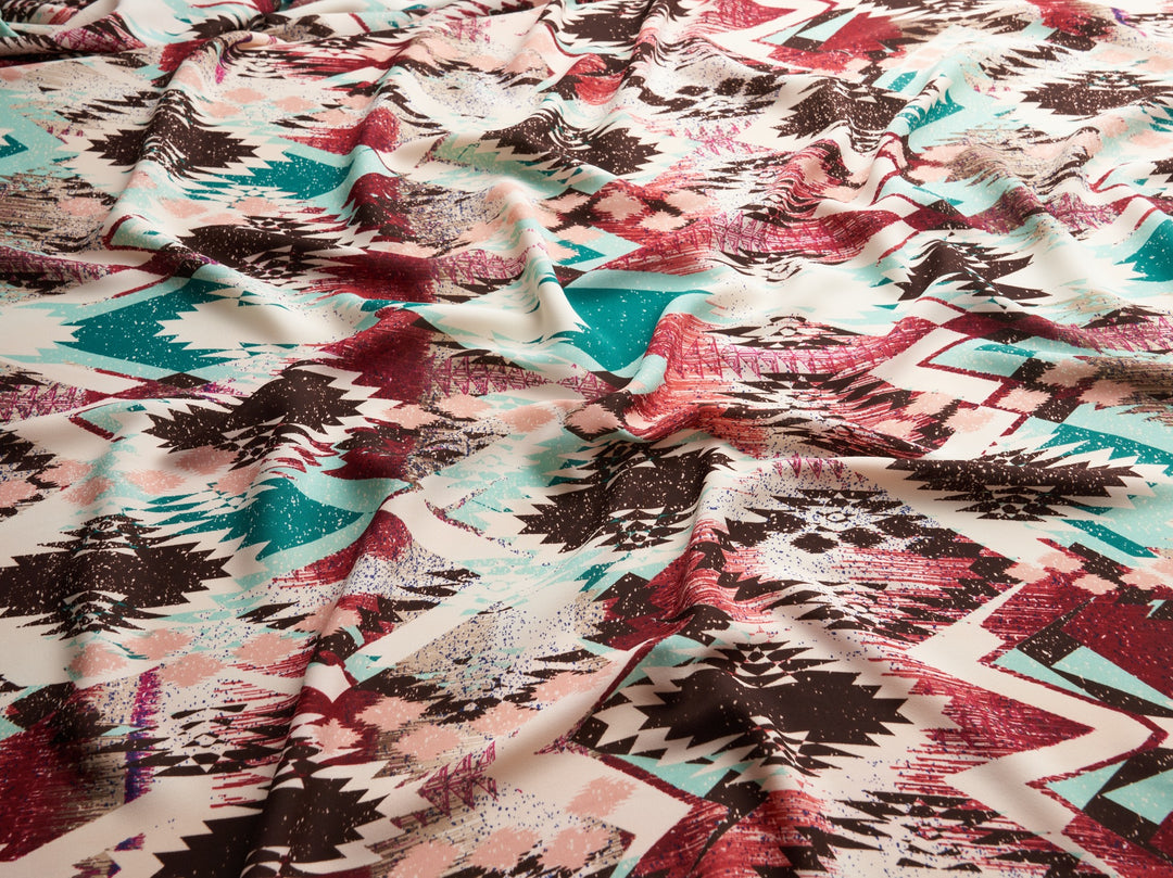 Georgette  boho tribal fabric by the yard - Pink brown teal tribal Aztec