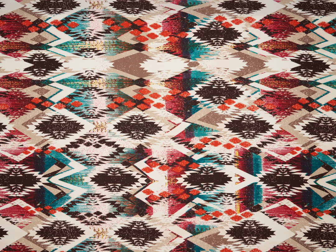 Georgette  boho tribal fabric by the yard - Orange brown teal tribal Aztec