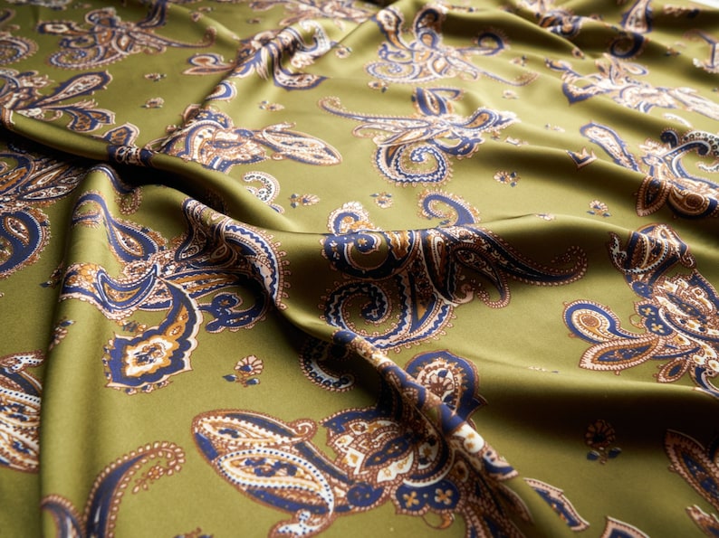 Olive green navy paisley fabric by the yard