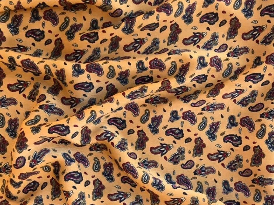 Brushed Satin fabric by the yard Red yellow blue dainty paisley