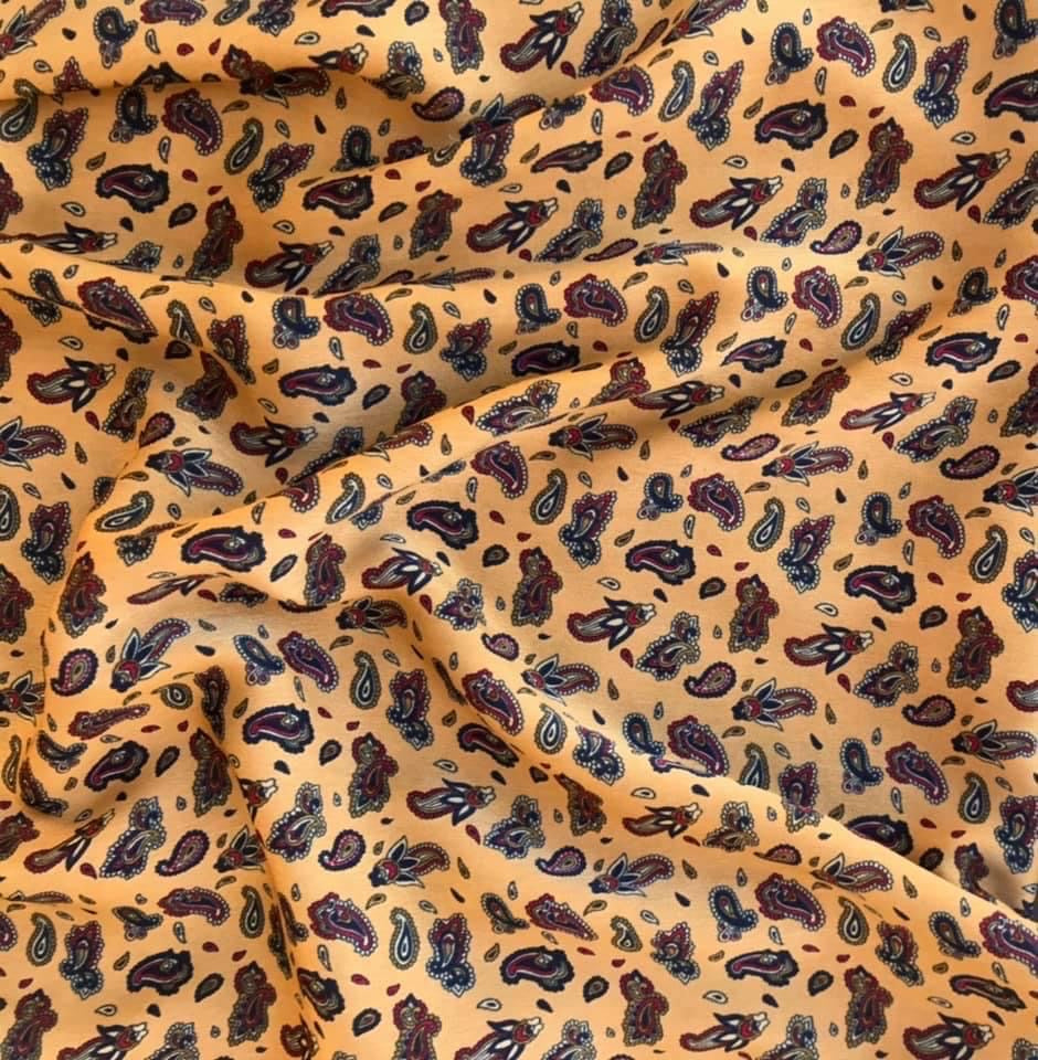 Brushed Satin fabric by the yard Red yellow blue dainty paisley