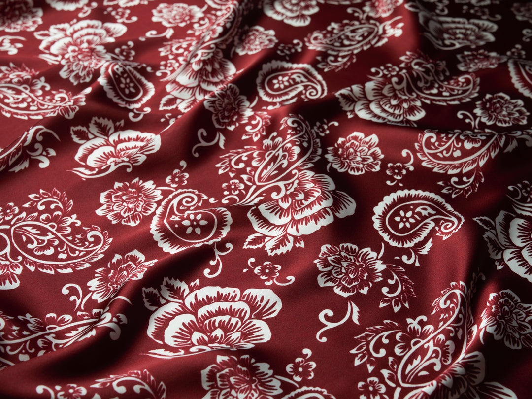 Paisley charmeuse satin fabric by the yard -  Burgundy floral paisley