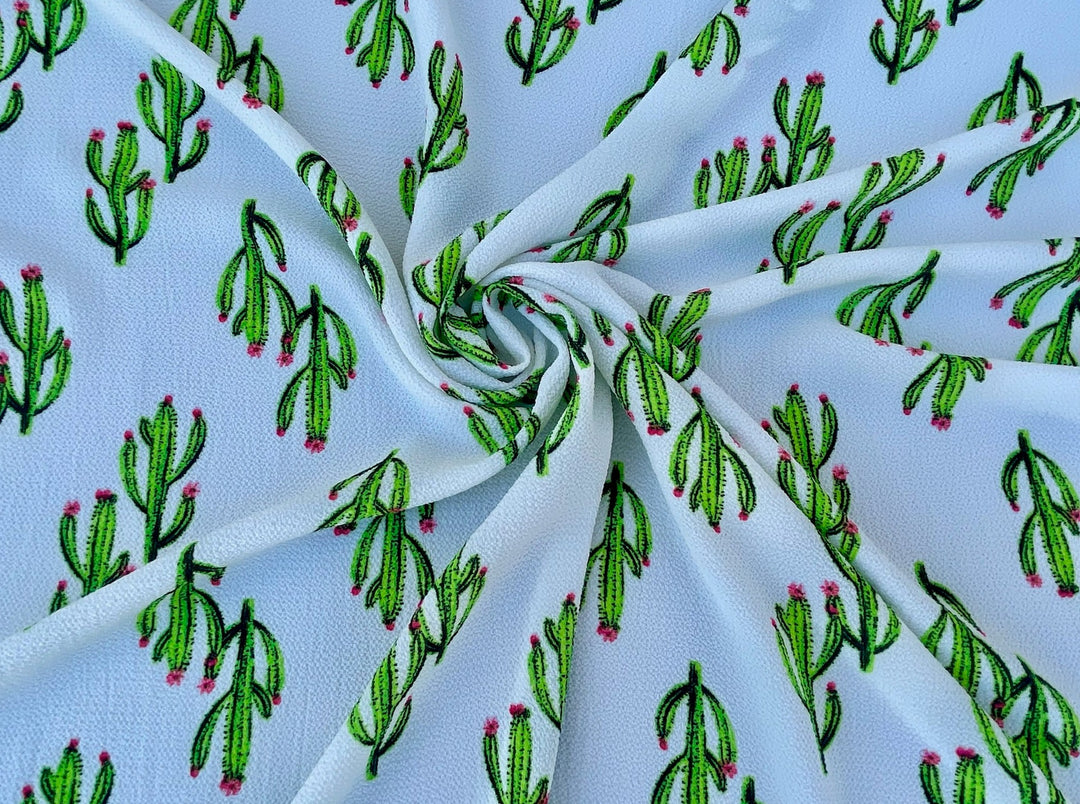 Bubble Crepe fabric by the yard  Green and white cactus print