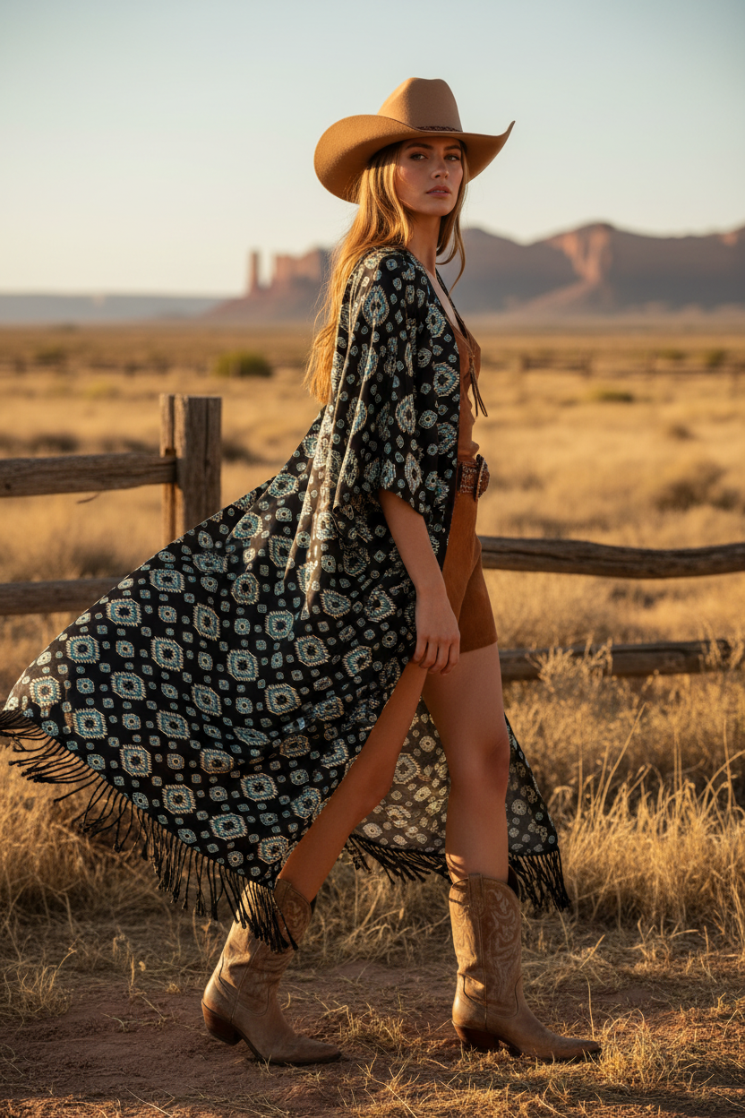 BLACK AND TEAL TRIBAL KIMONO PRINT WORN BY A COWGIRL