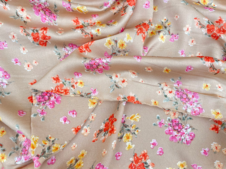 Lightweight  satin  dobby fabric by the yard - Pink orange flowers on bronze background  floral  pattern