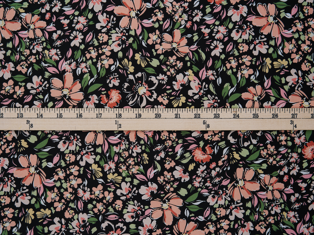 Faux silk charmeuse satin fabric by the yard - Black orange ivory   floral  print