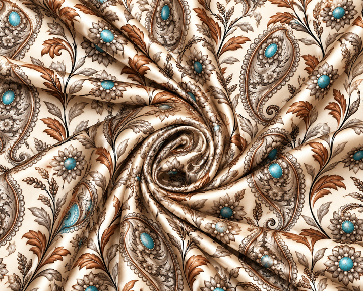 Turquoise paisley with vine tooled pattern on taupe 