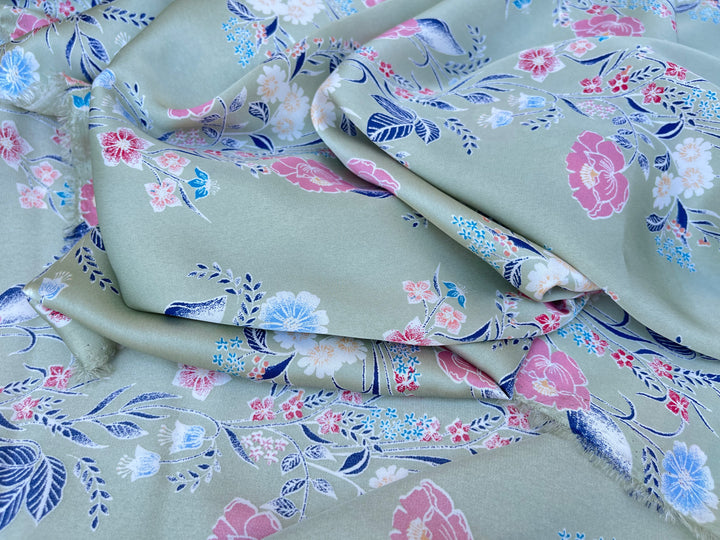 Lightweight  satin  fabric by the yard -  Sage blue and pink floral    print