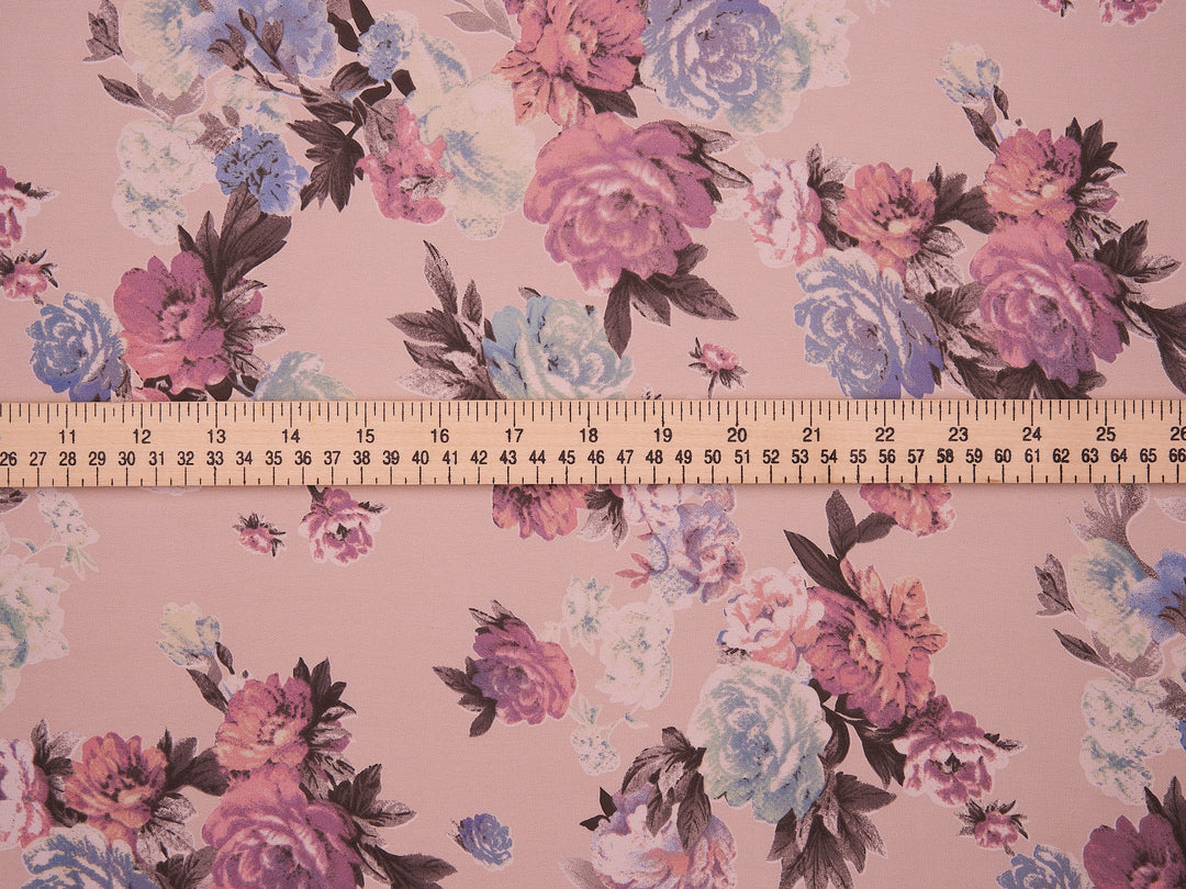 Lightweight  satin  fabric by the yard - Light pink gray lavender florals  pattern