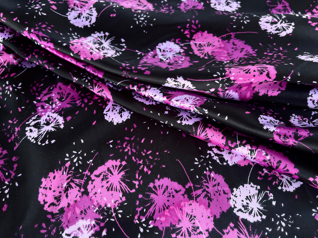 Charmeuse satin fabric   -  Black pink Dandelions nature  print