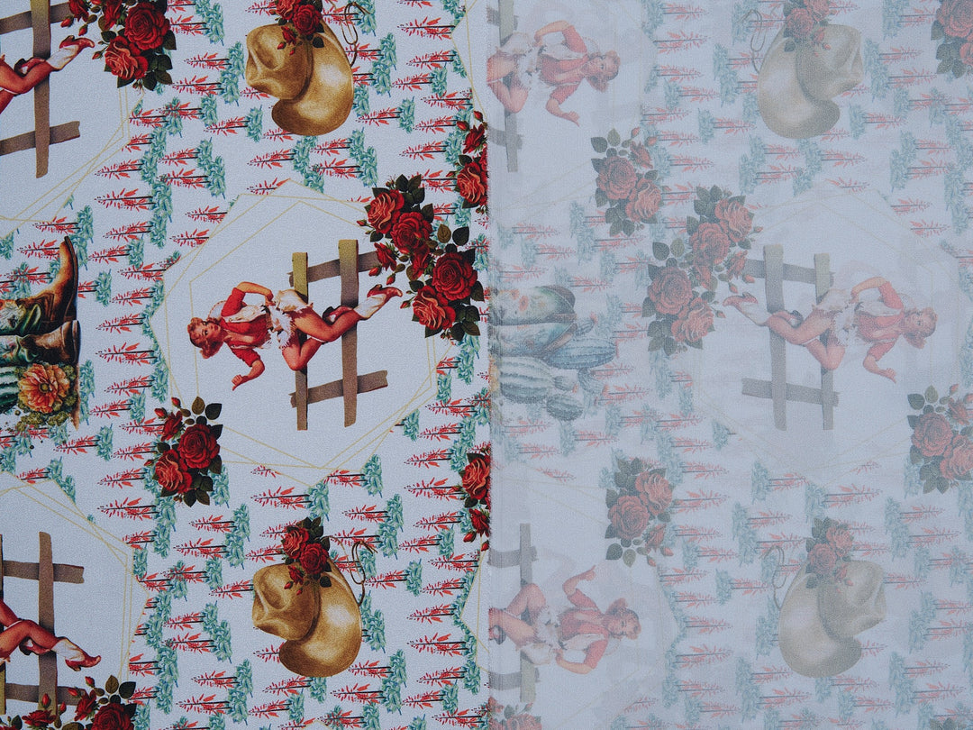 Charmeuse Satin sublimation  fabric by the yard -   Cowgirls, roses and Indian brush flowers  print