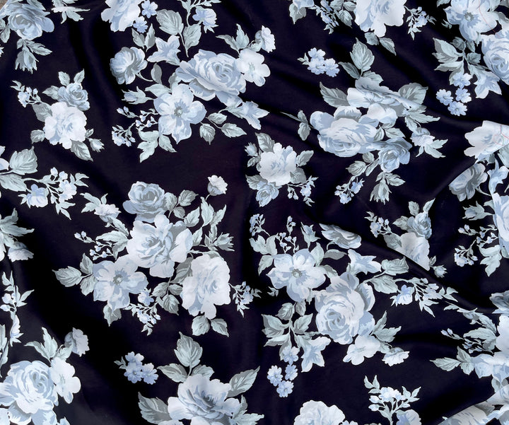 Lightweight  satin  fabric - Black white and gray floral   print