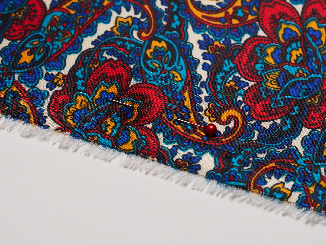 Charmeuse satin fabric by the yard - Red blue   paisley  print - USA made