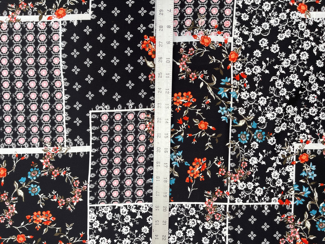 Lightweight  satin  dobby fabric by the yard - Black orange turquoise floral  pattern