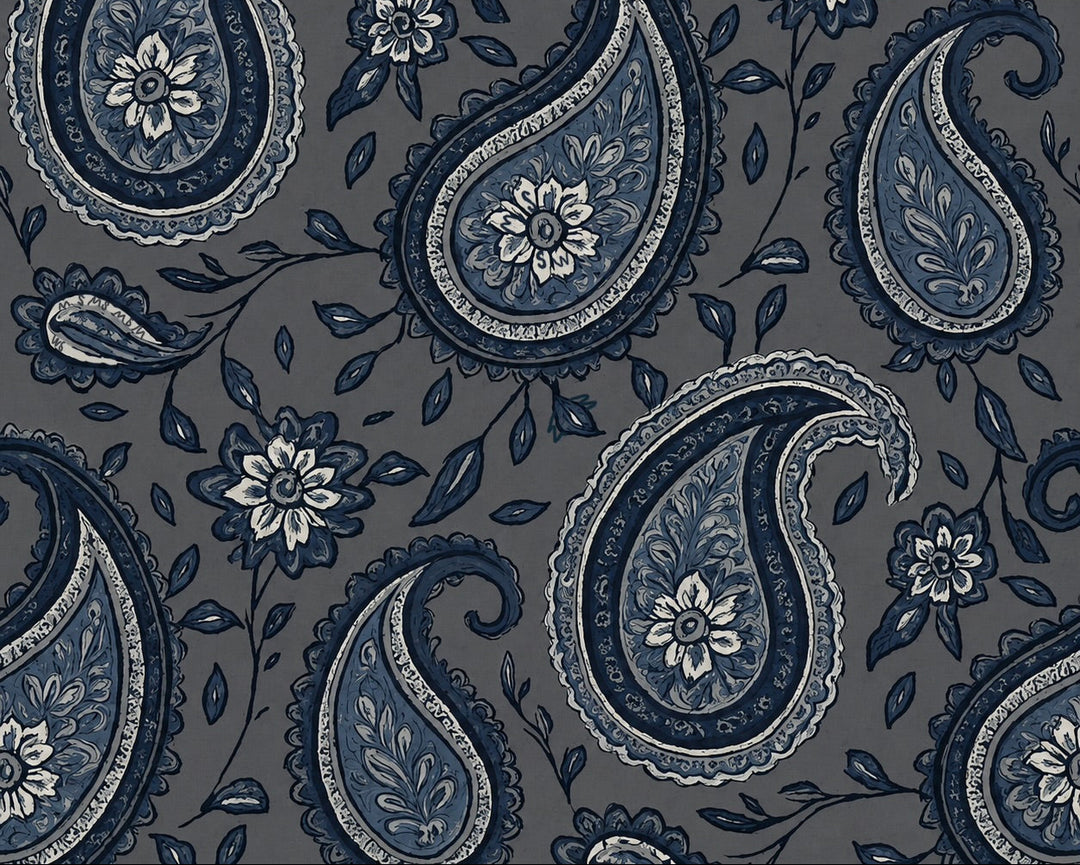 Navy paisley and floral pattern on a gray background
