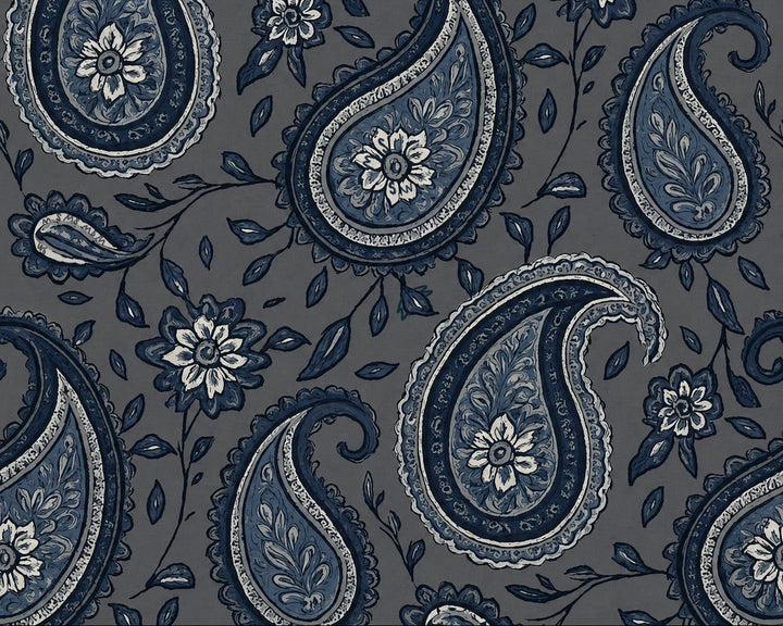 Navy paisley and floral pattern on a gray background