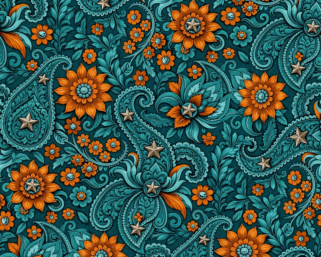 Teal and orange floral paisley pattern with stars