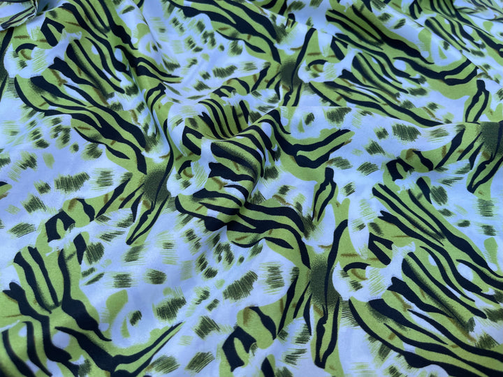 Charmeuse satin fabric by the yard - Green and off white animal print