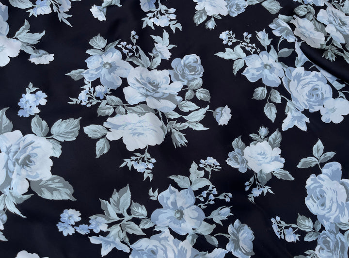 Lightweight  satin  fabric - Black white and gray floral   print