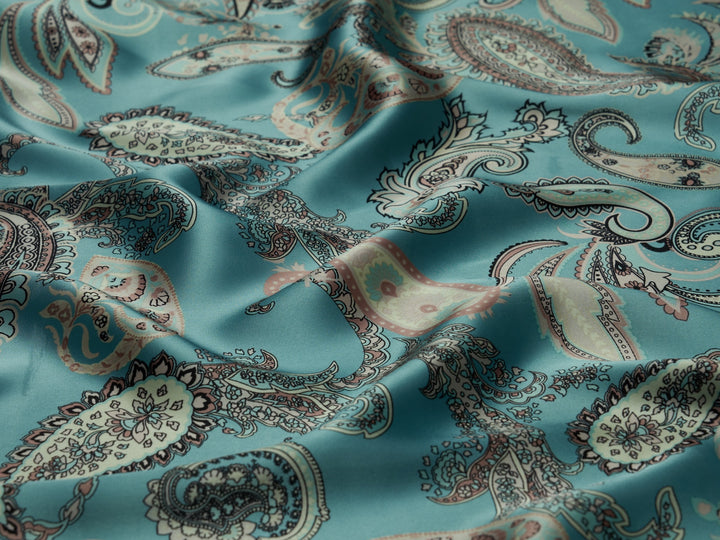 Charmeuse satin fabric by the yard - Pastel aqua blue paisley  print - USA made