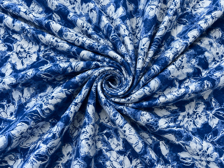 Crepe de Chine fabric by the yard - Off white and Blue floral print