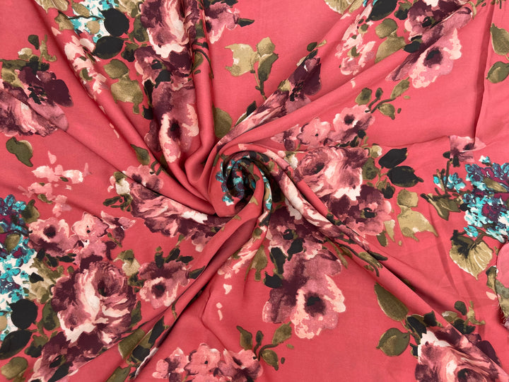 Lightweight  satin  fabric by the yard - Burnt coral  with teal burgundy   florals  print