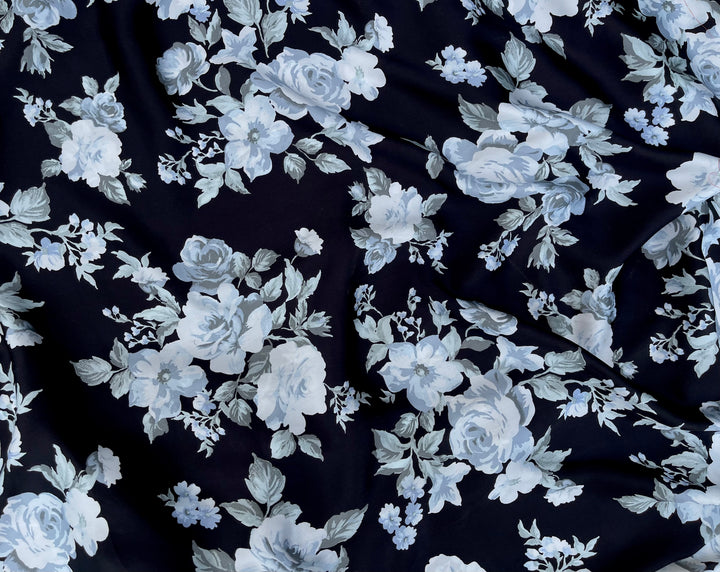 Lightweight  satin  fabric - Black white and gray floral   print